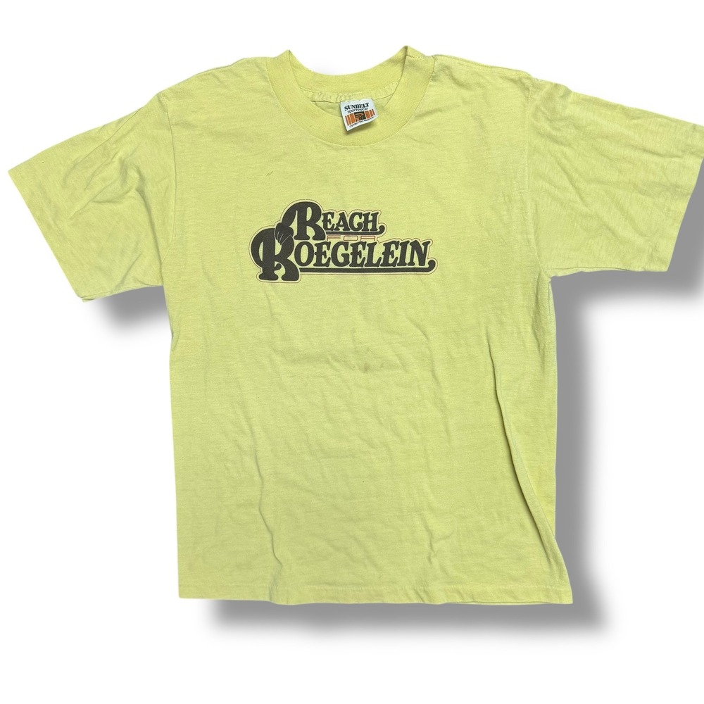 Vintage Beach Roeglein T Shirt Mens Size L Graphic Tee Sunbelt Sportswear Yellow